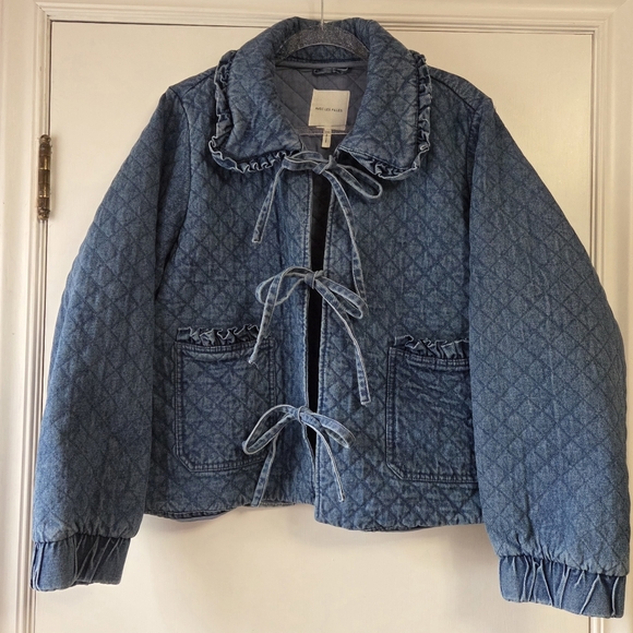 AVEC LES FILLES Anthropologie Maura Quilted Bow Tie Denim Jacket Extra Large - Picture 3 of 9